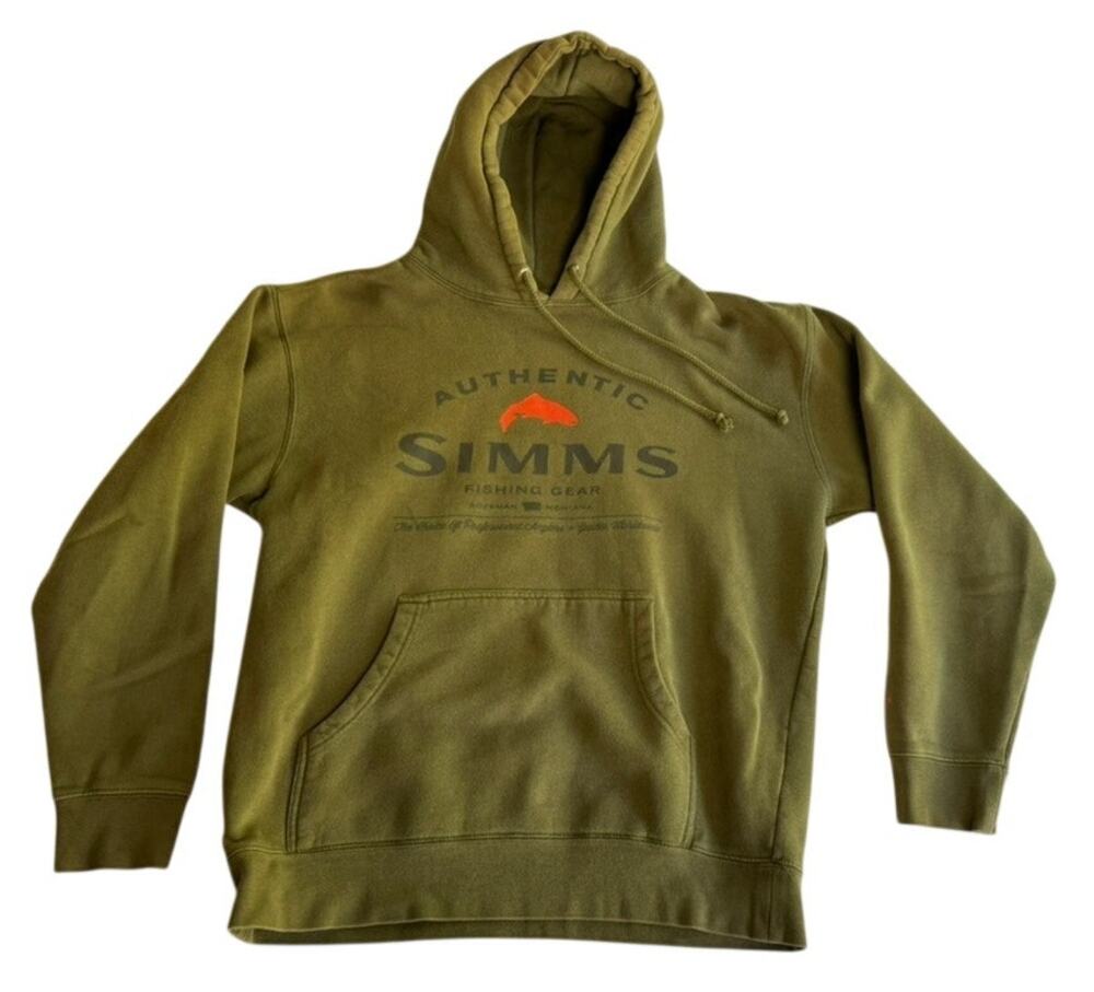 Simms Badge of Authenticity Hoodie Mens M Olive Green Fishing Bozeman Montana